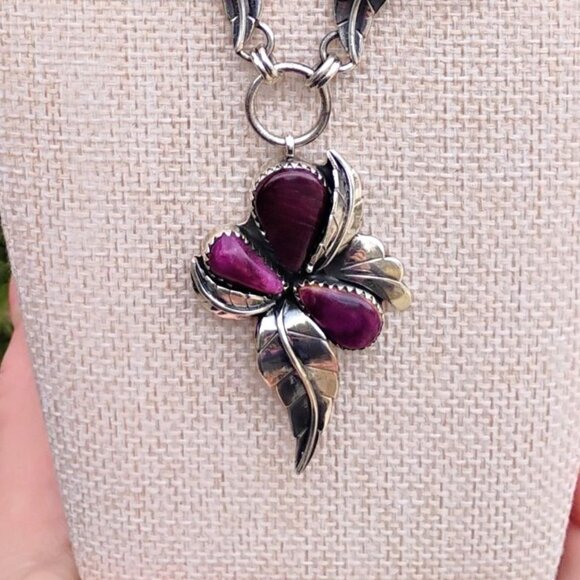 Handmade Southwest Purple Spiny Oyster Sterling Silver Adjustable Necklace - Picture 2 of 9